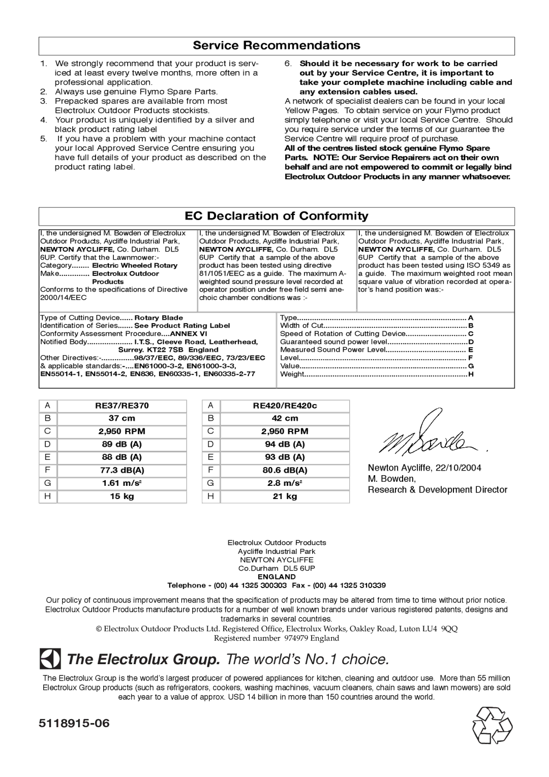 Flymo RE420c manual Service Recommendations, EC Declaration of Conformity 