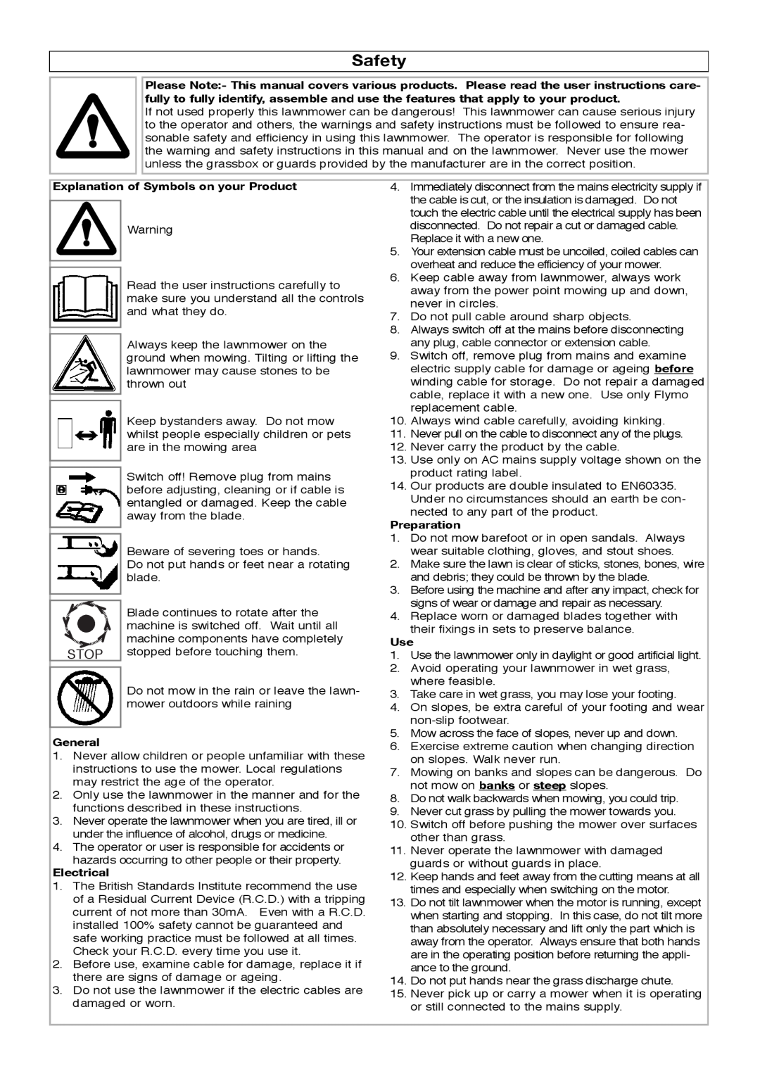 Flymo RE420c manual Safety, Explanation of Symbols on your Product, General, Electrical, Preparation, Stop 
