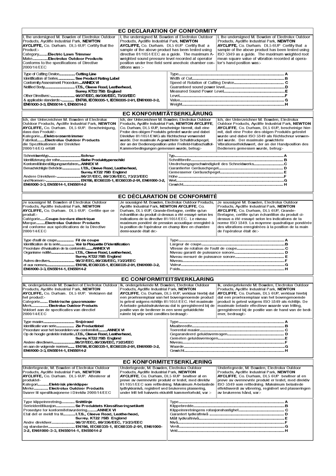 Flymo Revolution manual EC Declaration of Conformity, EC Konformitätserklärung, EC Déclaration DE Conformité 