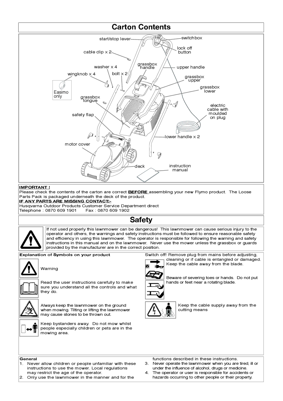 Flymo RM032, EM032 manual Carton Contents, Safety 