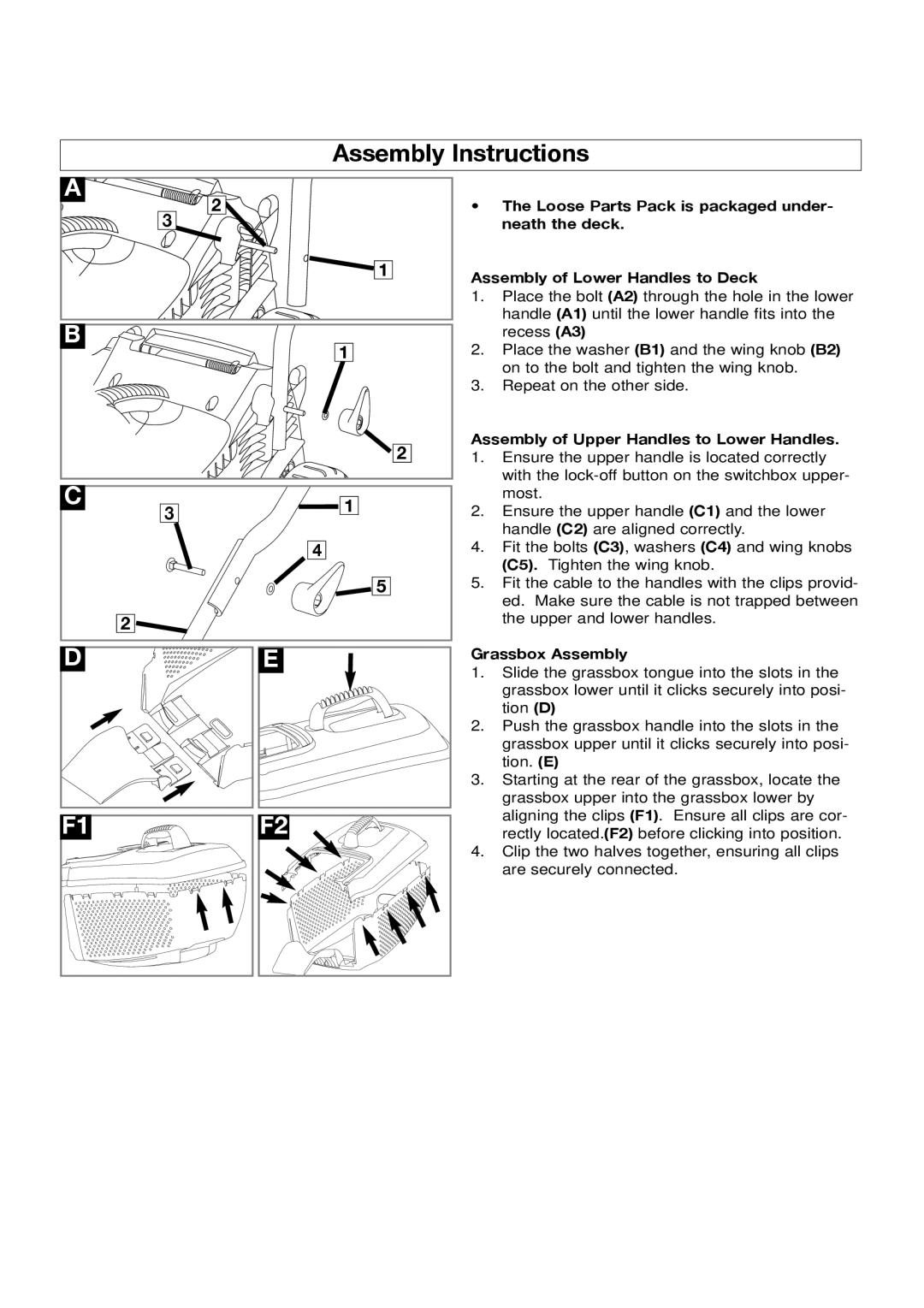 Flymo RM032, EM032 manual Assembly Instructions, Assembly of Upper Handles to Lower Handles, Grassbox Assembly 