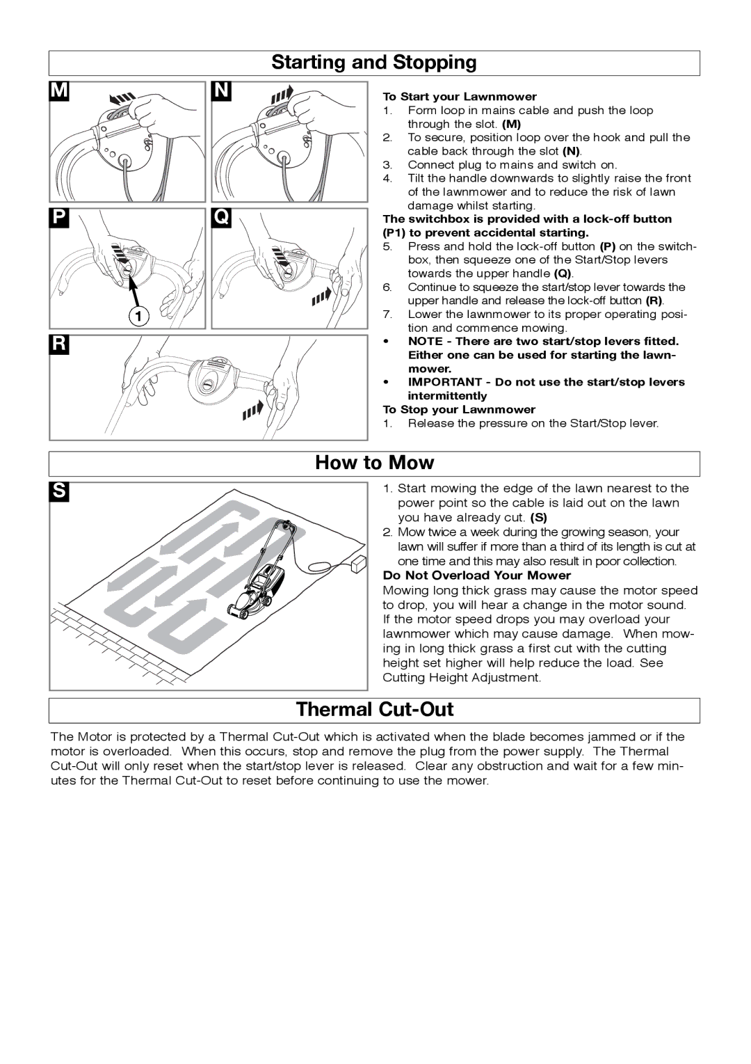 Flymo RM032, EM032 Starting and Stopping, How to Mow, Thermal Cut-Out, Do Not Overload Your Mower, To Start your Lawnmower 