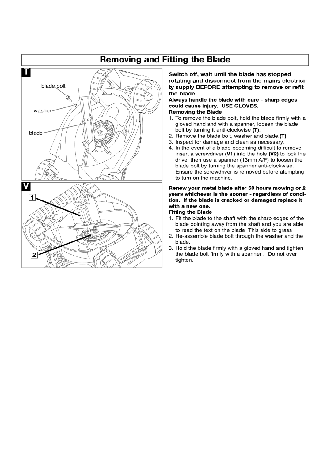 Flymo EM032, RM032 manual Removing and Fitting the Blade 