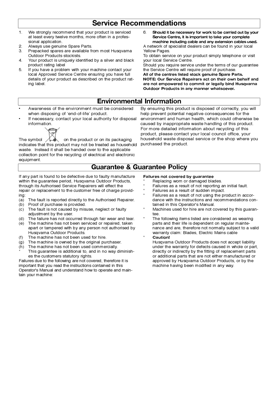 Flymo EM032, RM032 manual Service Recommendations, All of the centres listed stock genuine Spare Parts 