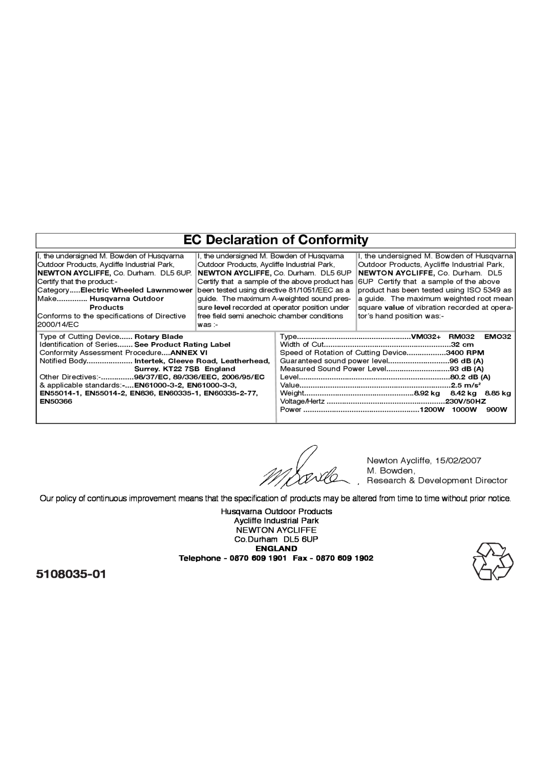 Flymo RM032, EM032 manual EC Declaration of Conformity, 5108035-01, ENGLAND Telephone - 0870 609 1901 Fax 