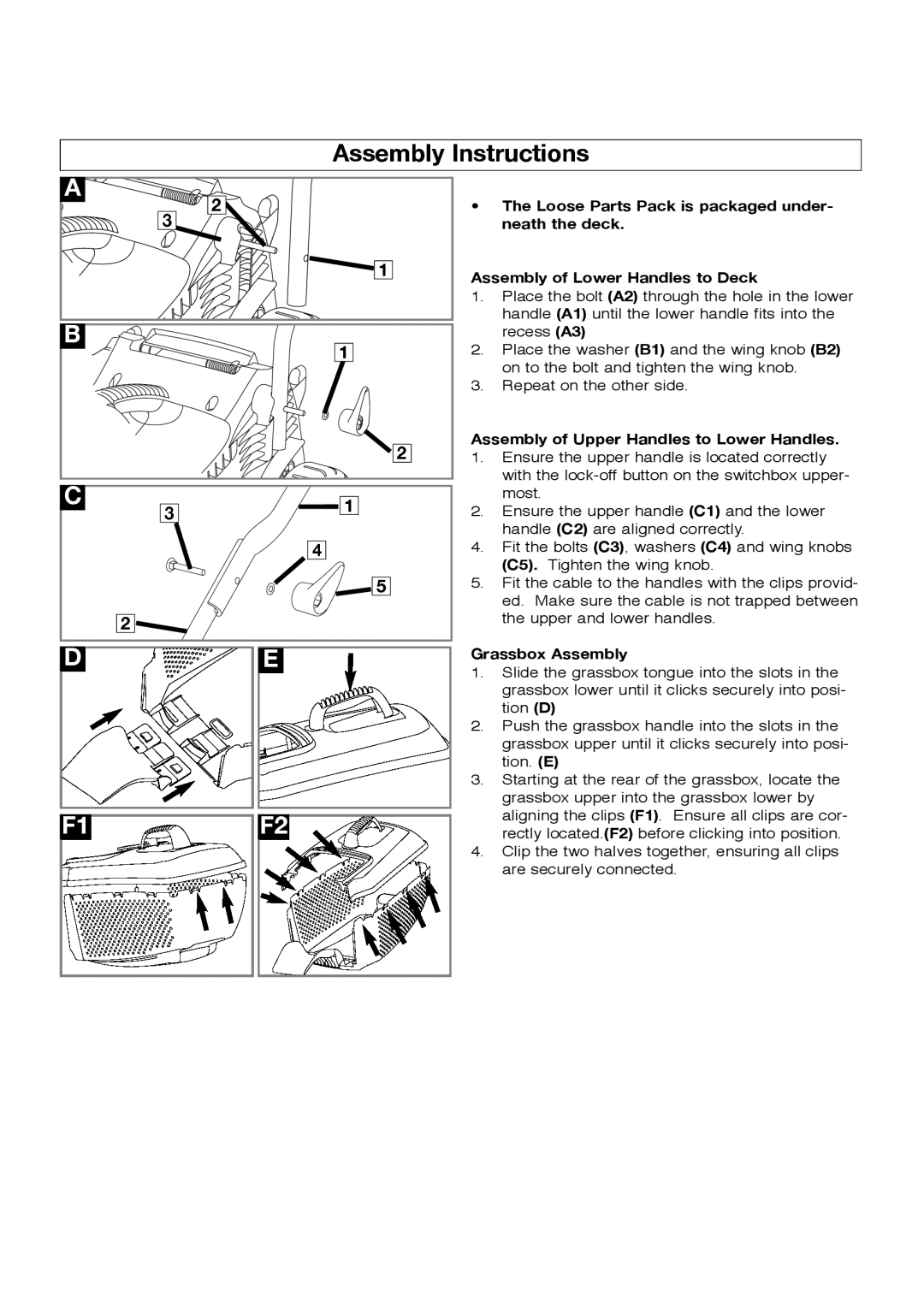 Flymo RM032, EM032 manual Assembly Instructions, The Loose Parts Pack is packaged under- neath the deck, Grassbox Assembly 