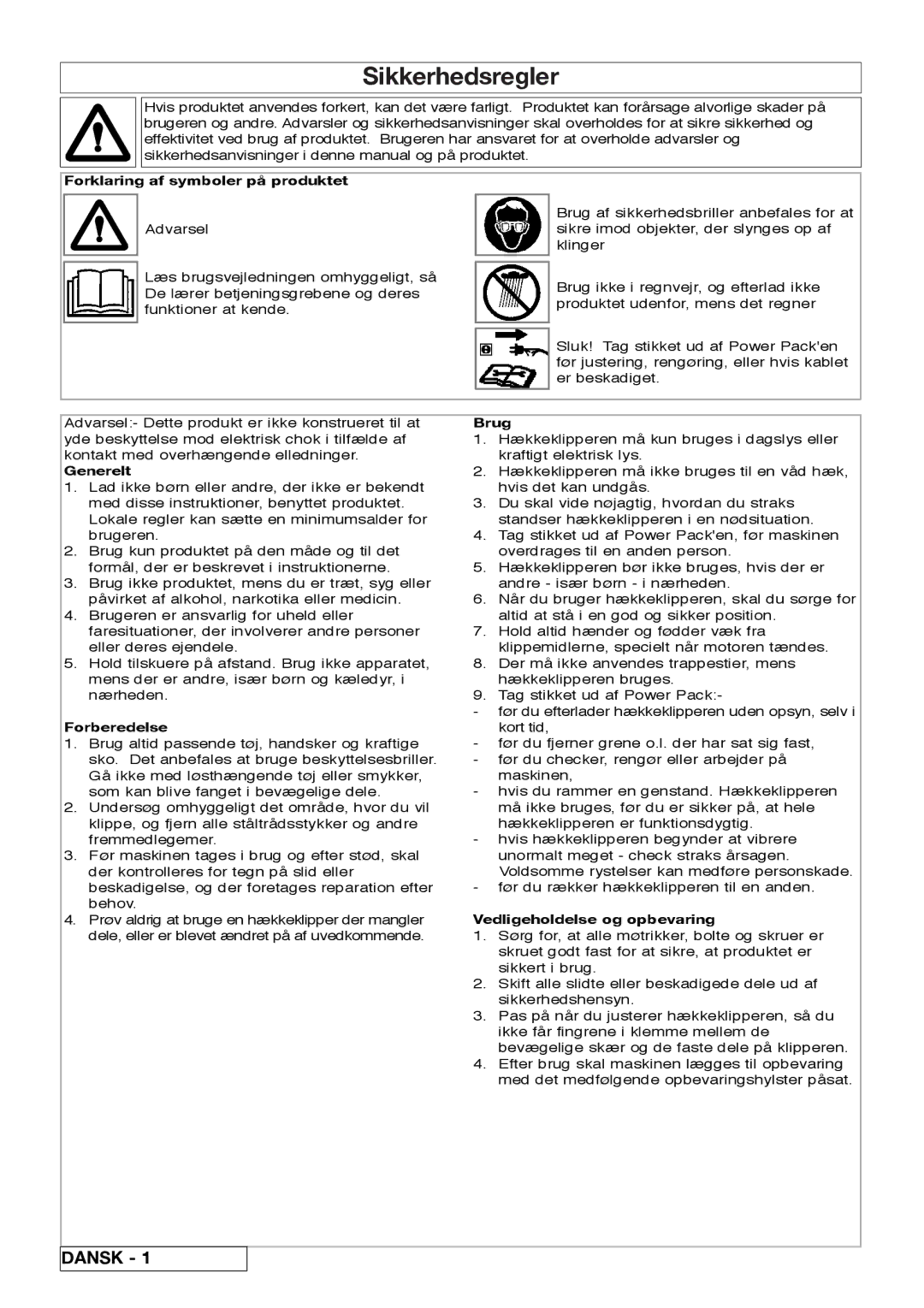 Flymo Sabre Cut Sikkerhedsregler, Forklaring af symboler på produktet, Brug, Vedligeholdelse og opbevaring 