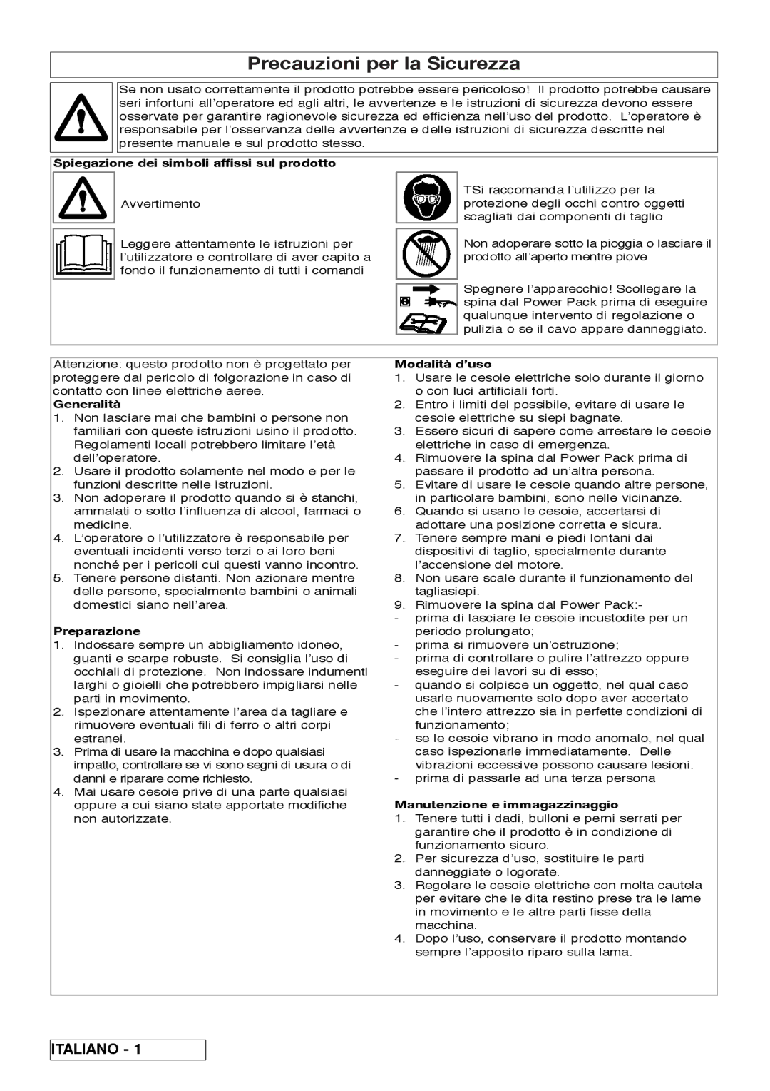 Flymo Sabre Cut instruction manual Precauzioni per la Sicurezza 