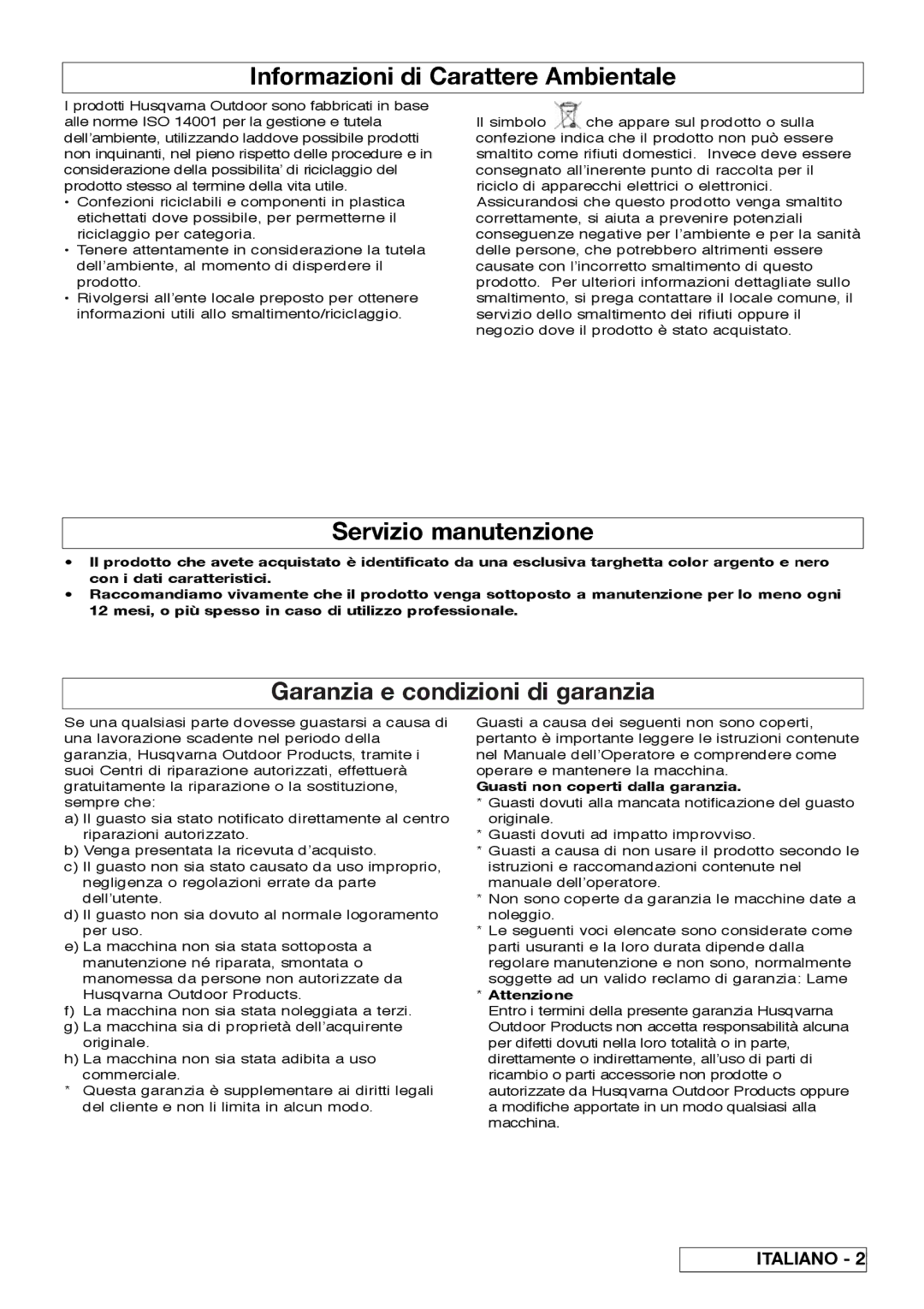 Flymo Sabre Cut Informazioni di Carattere Ambientale, Servizio manutenzione, Garanzia e condizioni di garanzia, Attenzione 