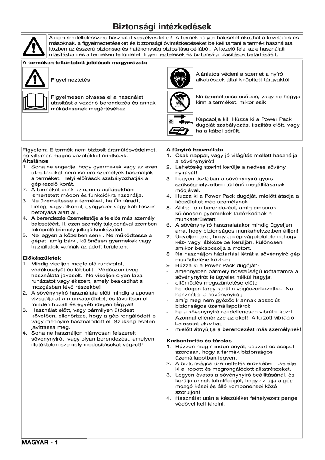 Flymo Sabre Cut instruction manual Biztonsági intézkedések 