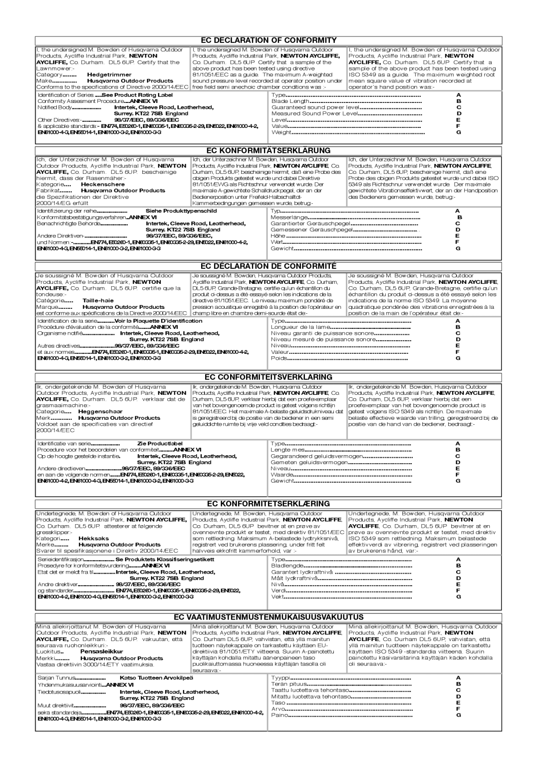 Flymo Sabre Cut instruction manual EC Declaration of Conformity, EC Konformitätserklärung, EC Déclaration DE Conformité 