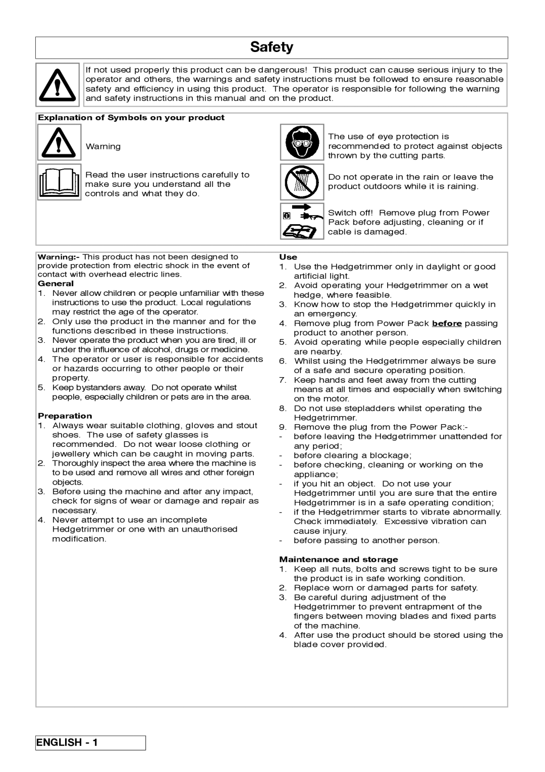 Flymo Sabre Cut instruction manual Safety 