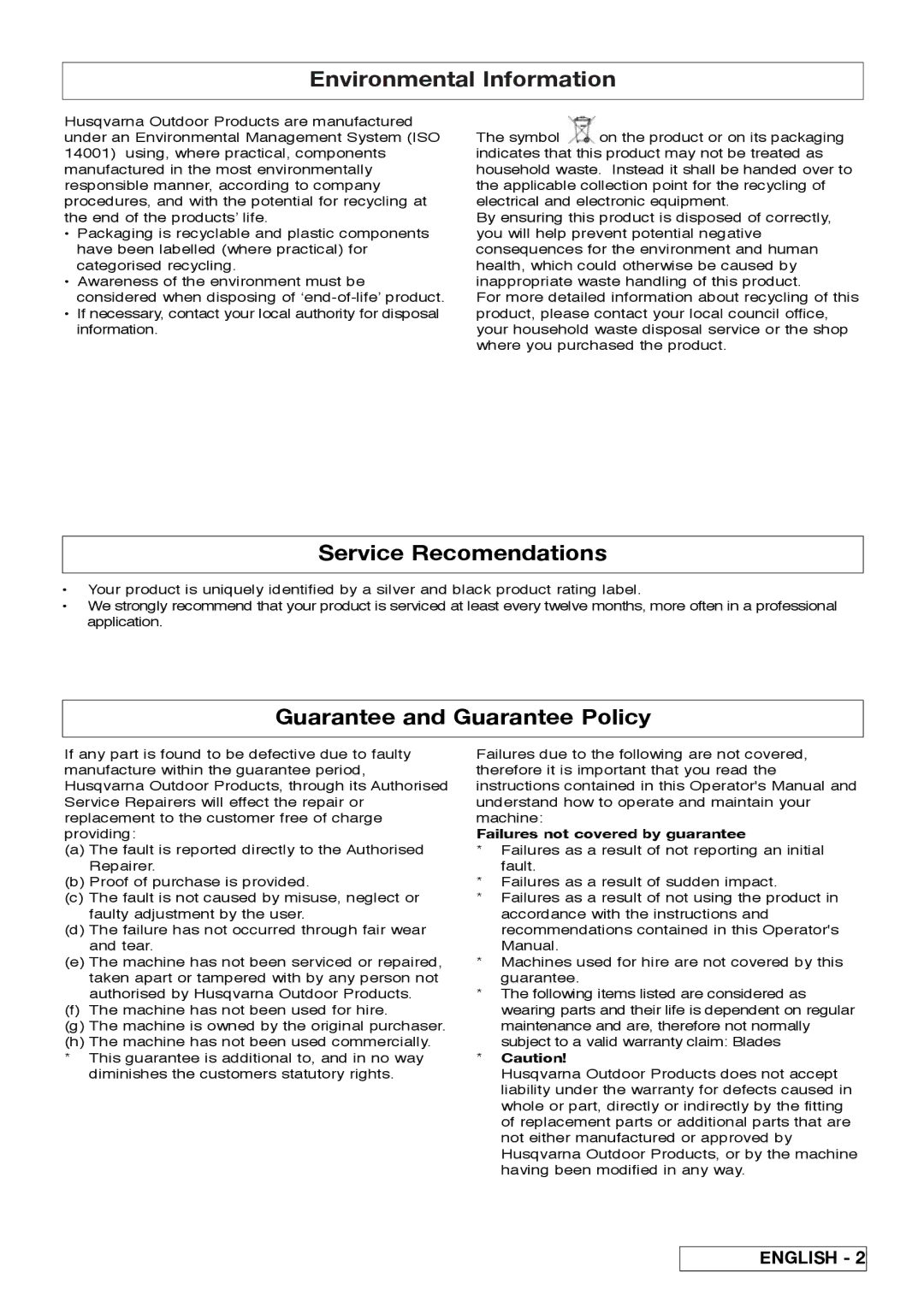 Flymo Sabre Cut instruction manual Environmental Information, Service Recomendations, Guarantee and Guarantee Policy 