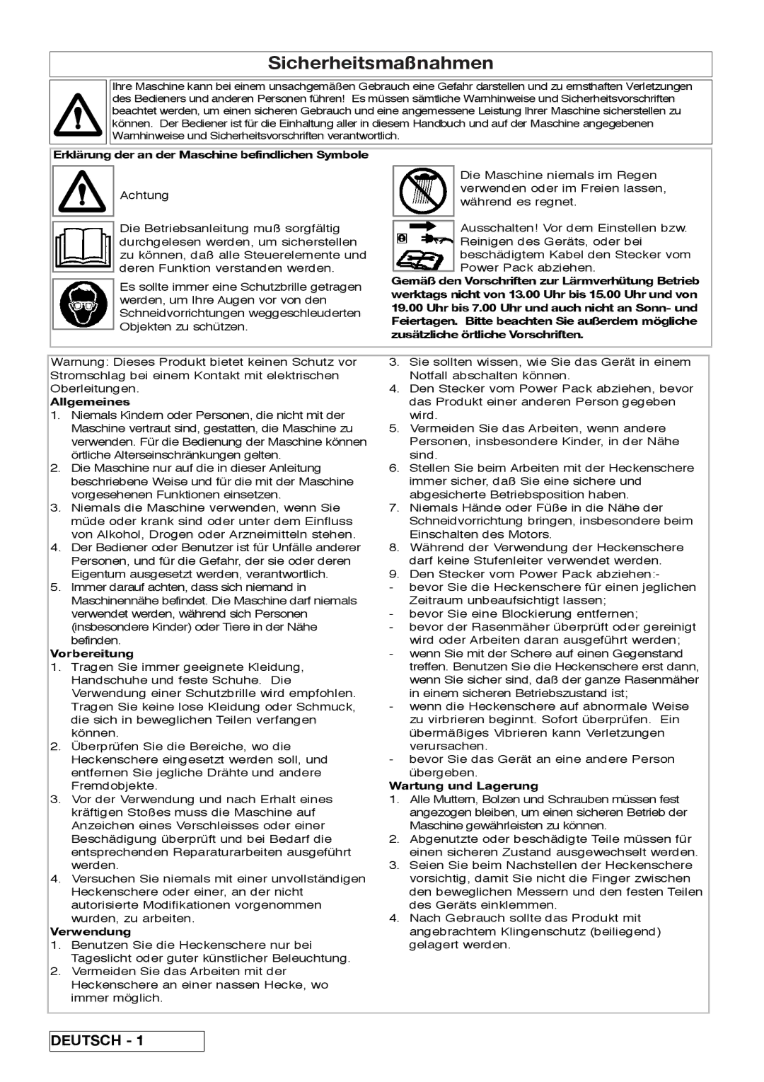 Flymo Sabre Cut instruction manual Sicherheitsmaßnahmen 