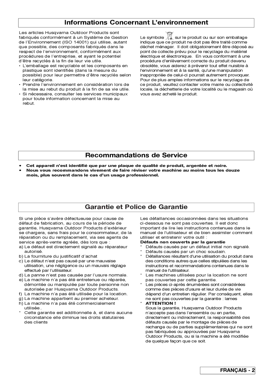 Flymo Sabre Cut Informations Concernant L’environnement, Recommandations de Service, Garantie et Police de Garantie 