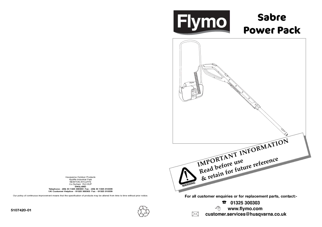 Flymo Sabre Power Pack manual 5107420-01, For all customer enquiries or for replacement parts, contact 