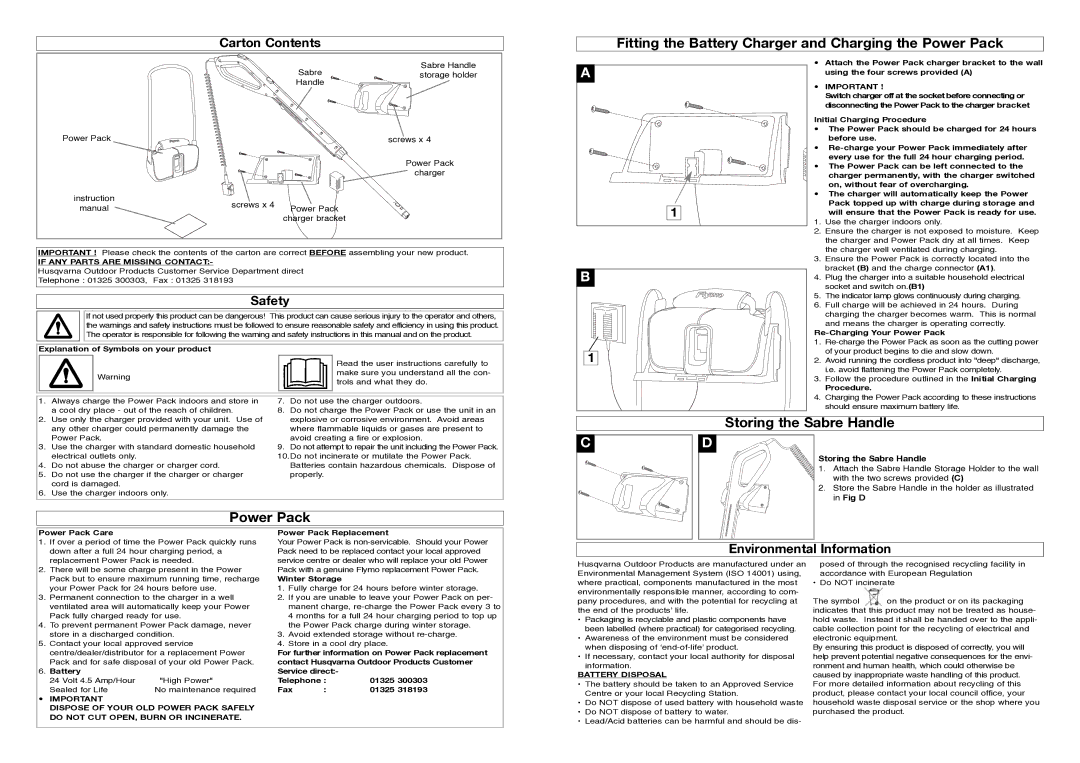 Flymo Sabre Power Pack manual Fitting the Battery Charger and Charging the Power Pack, Power Pack Storing the Sabre Handle 