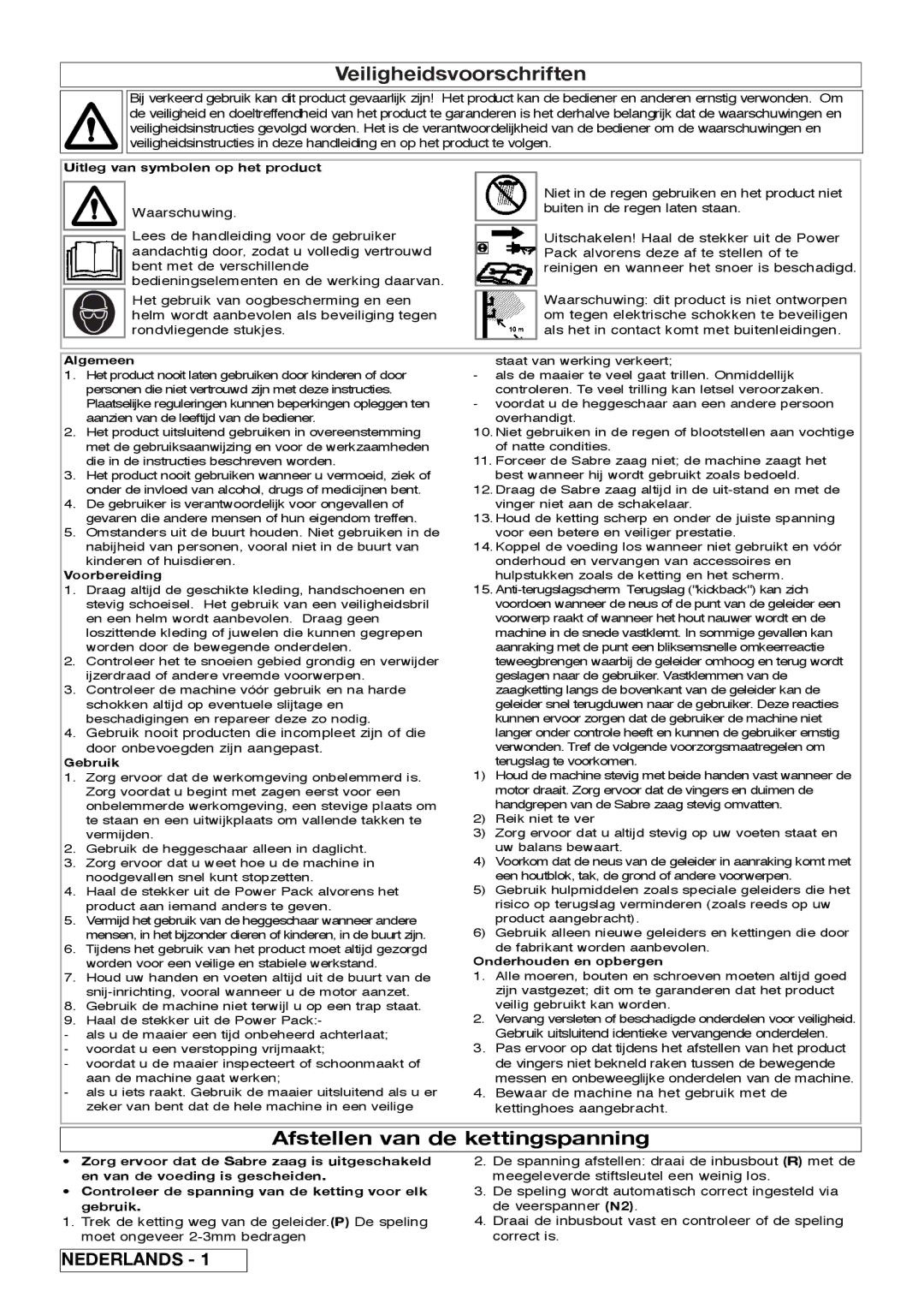 Flymo Sabre Saw instruction manual Veiligheidsvoorschriften, Afstellen van de kettingspanning 