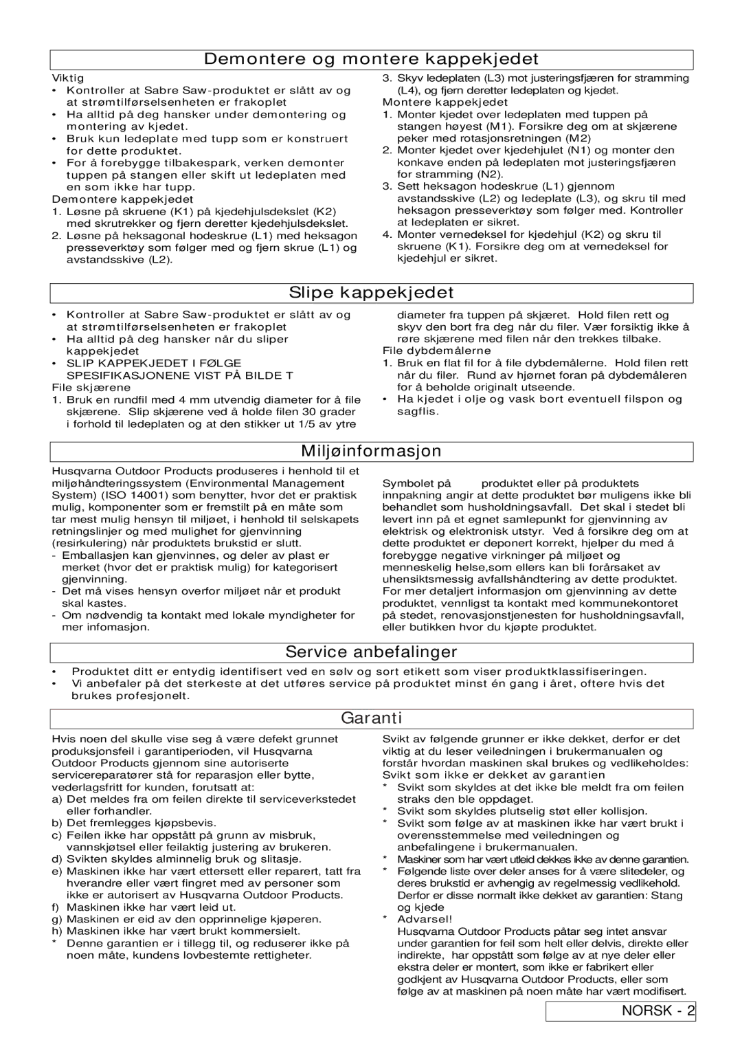 Flymo Sabre Saw Demontere og montere kappekjedet, Slipe kappekjedet, Miljøinformasjon, Service anbefalinger, Garanti 