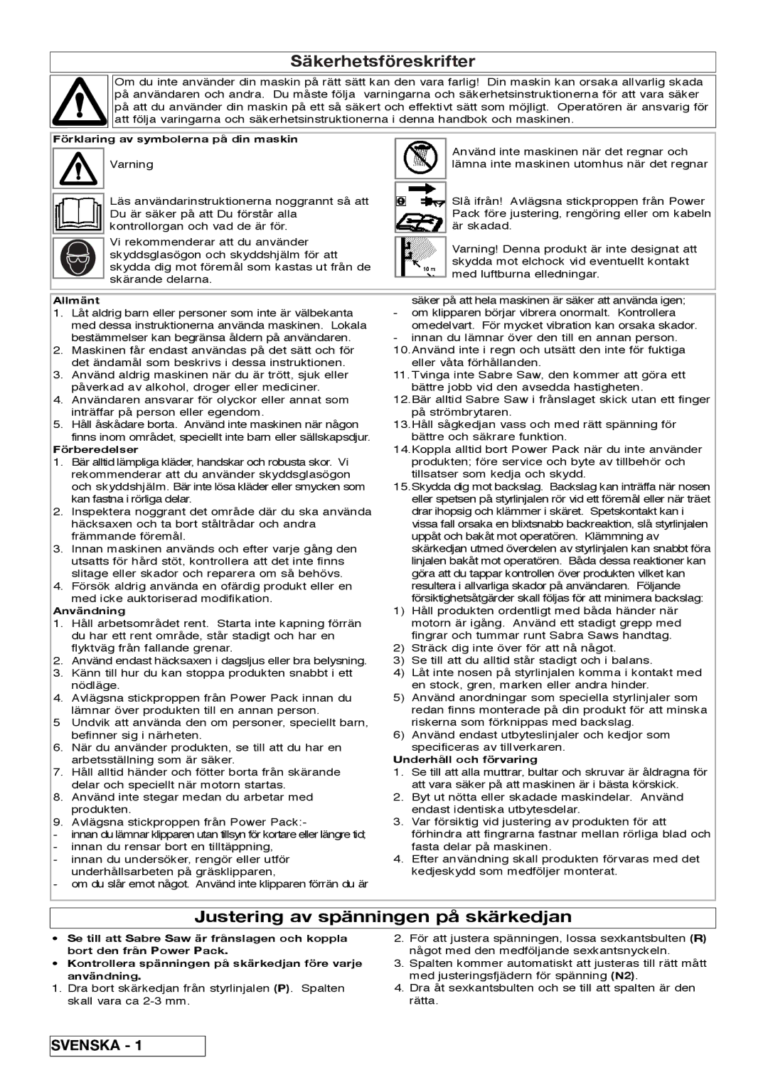 Flymo Sabre Saw instruction manual Säkerhetsföreskrifter, Justering av spänningen på skärkedjan 