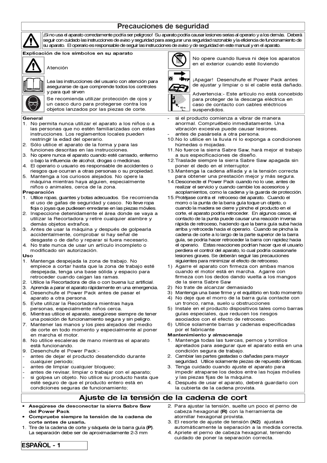 Flymo Sabre Saw instruction manual Precauciones de seguridad, Ajuste de la tensión de la cadena de cort 