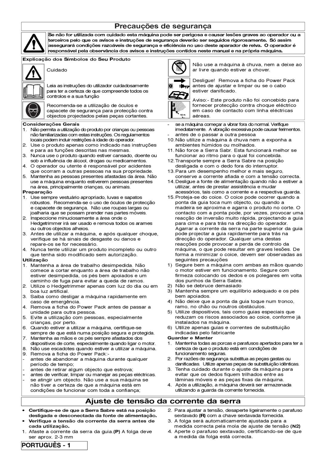 Flymo Sabre Saw instruction manual Precauções de segurança, Ajuste de tensão da corrente da serra 