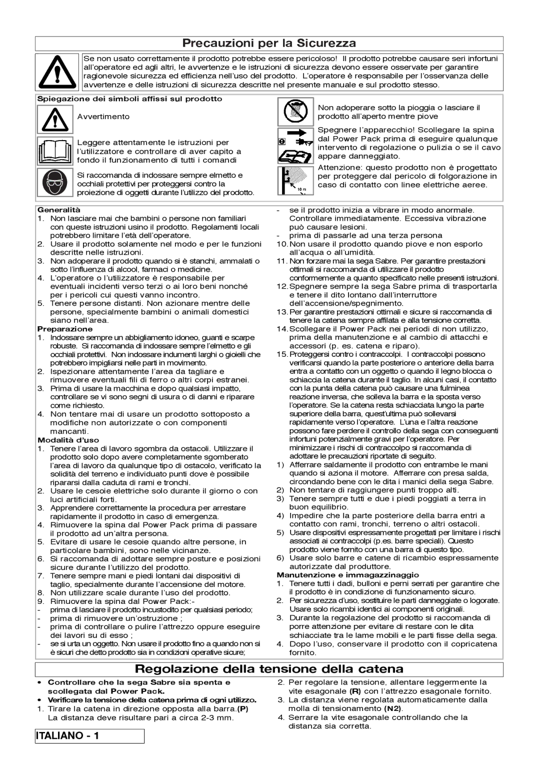 Flymo Sabre Saw instruction manual Precauzioni per la Sicurezza, Regolazione della tensione della catena 