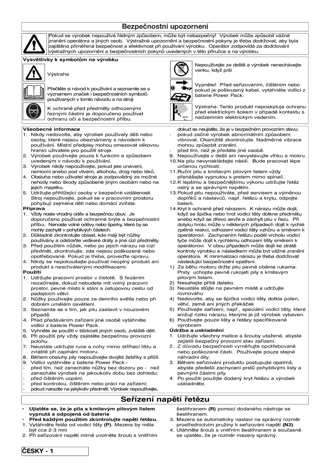 Flymo Sabre Saw instruction manual Bezpečnostní upozornení, Seřízení napětí řetězu 