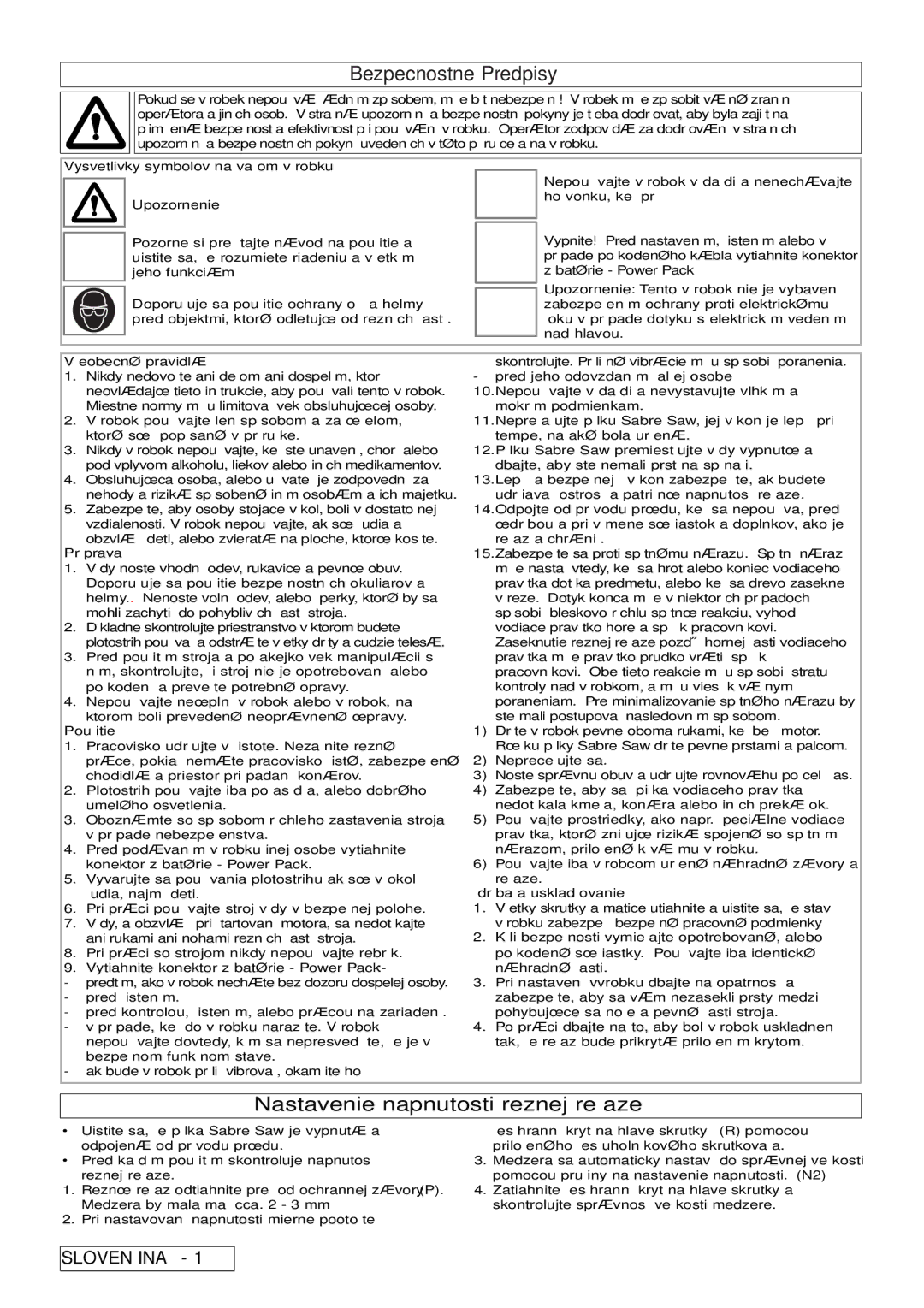 Flymo Sabre Saw instruction manual Bezpecnostne Predpisy, Nastavenie napnutosti reznej re 