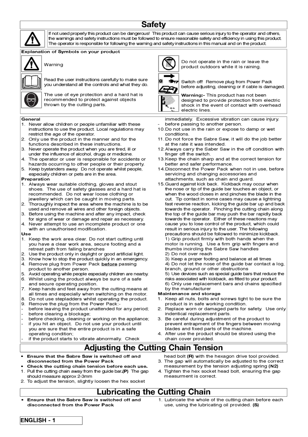 Flymo Sabre Saw Explanation of Symbols on your product, General, Preparation, Use, Maintenance and storage 