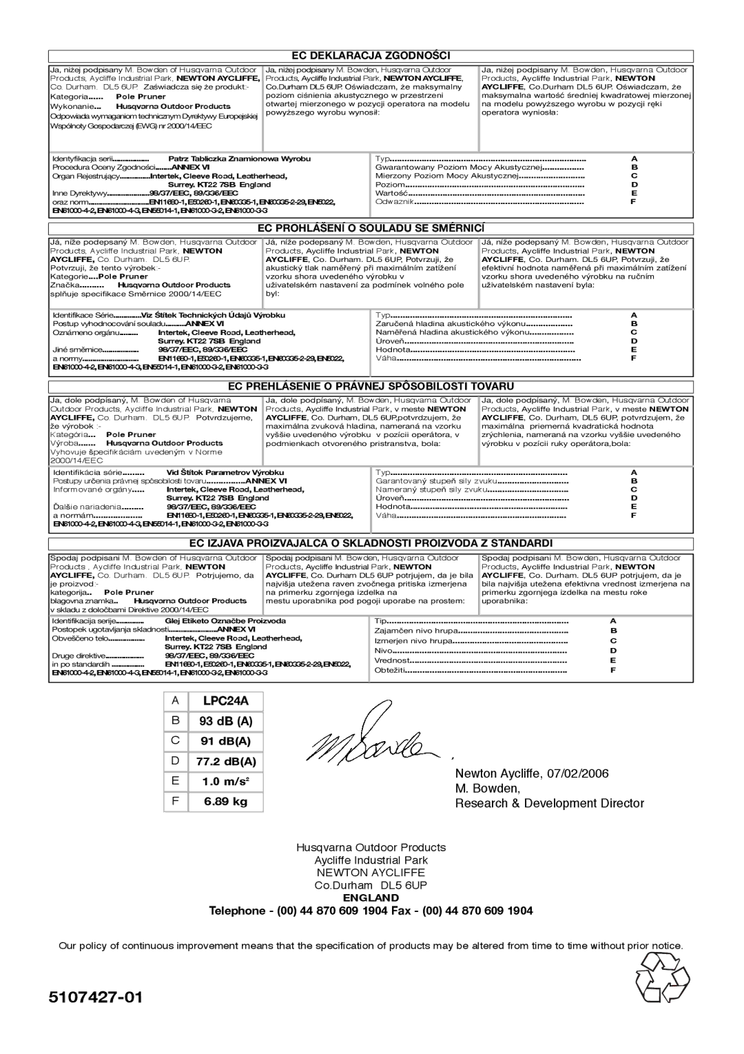 Flymo Sabre Saw instruction manual 5107427-01, EC Deklaracja Zgodności 