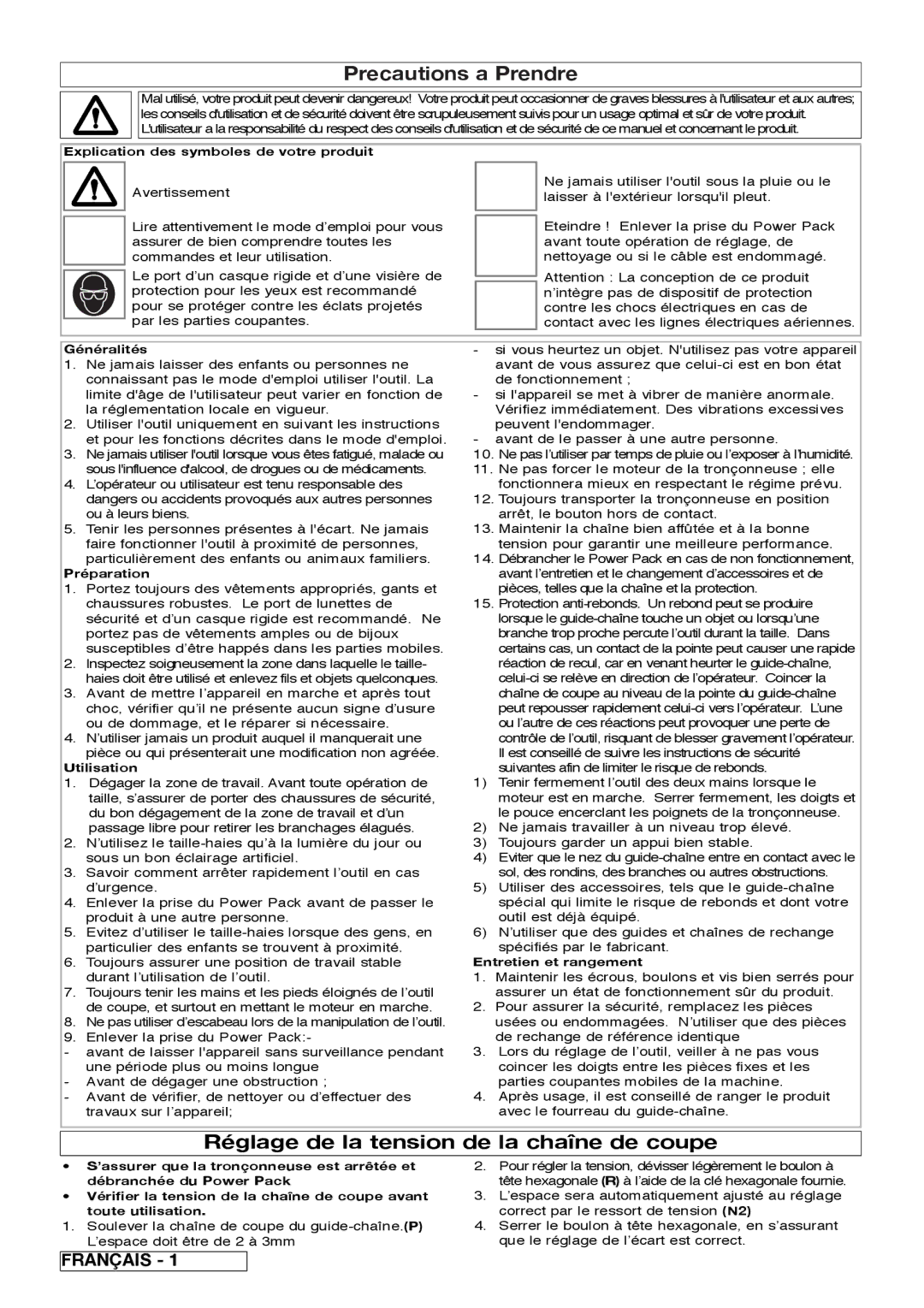 Flymo Sabre Saw instruction manual Precautions a Prendre, Réglage de la tension de la chaîne de coupe 