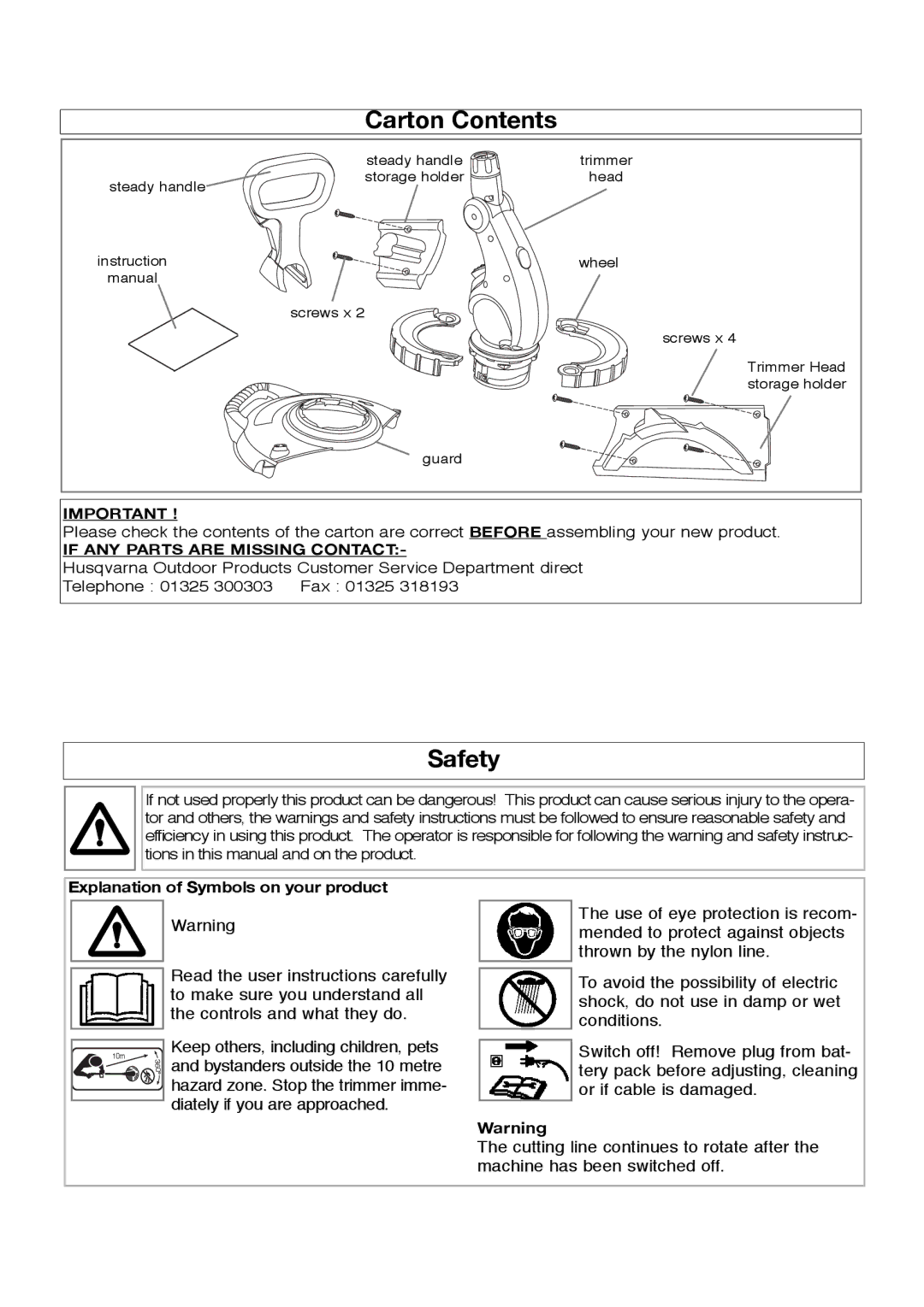 Flymo Sabre Trim manual Carton Contents, Safety 