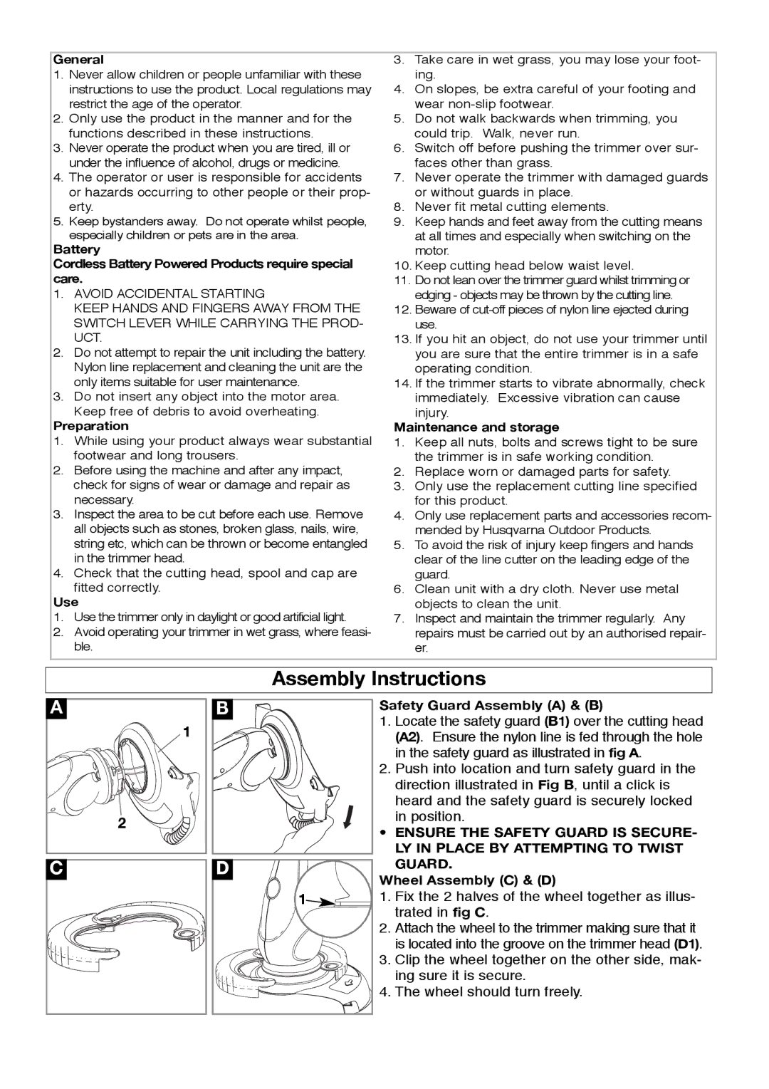 Flymo Sabre Trim manual Assembly Instructions, General 