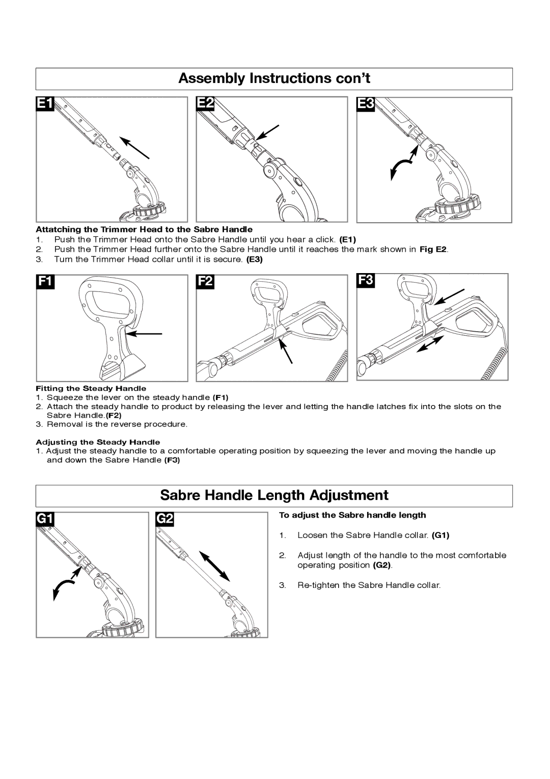 Flymo Sabre Trim manual Assembly Instructions con’t, Sabre Handle Length Adjustment, To adjust the Sabre handle length 