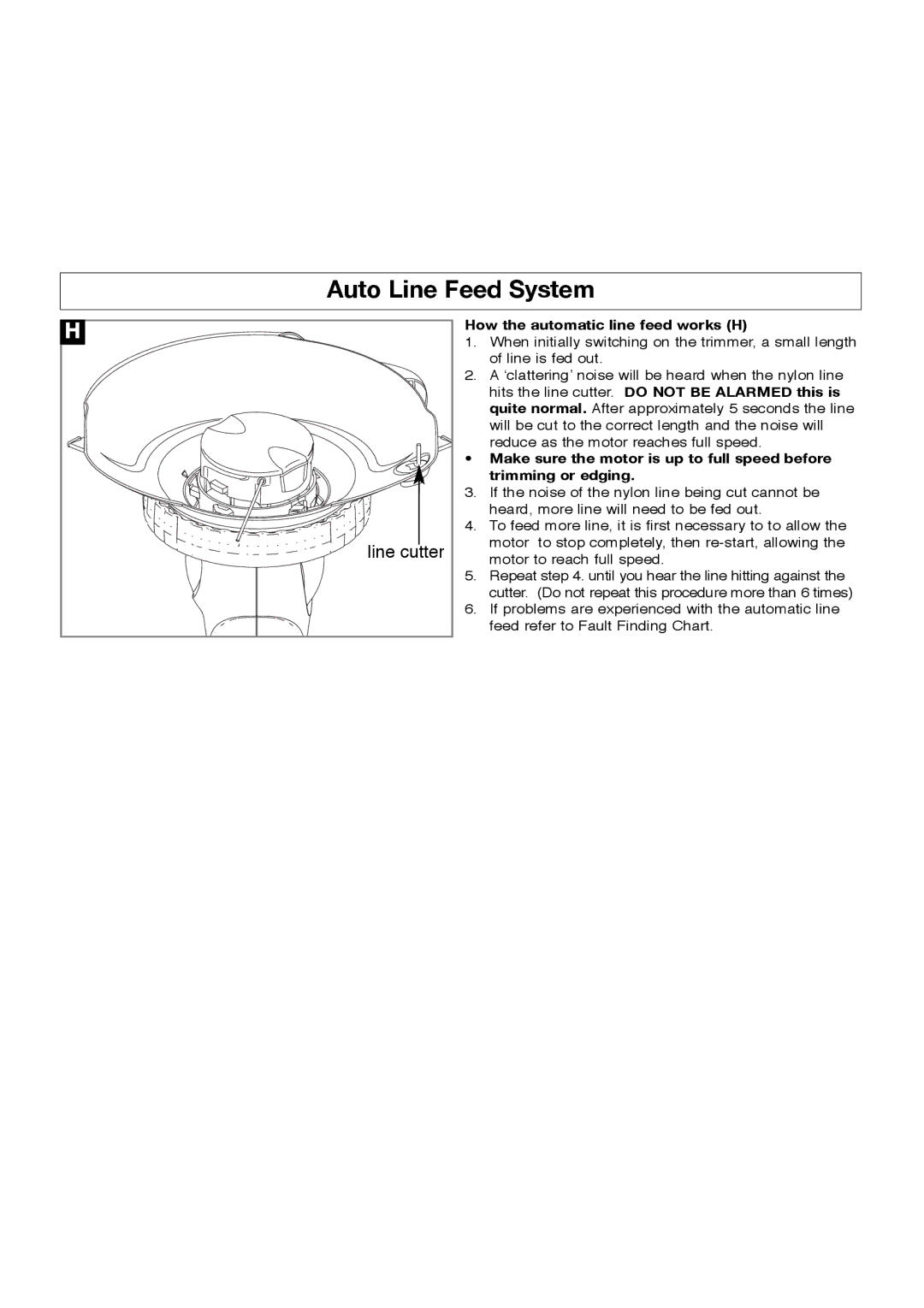 Flymo Sabre Trim manual Auto Line Feed System, How the automatic line feed works H 