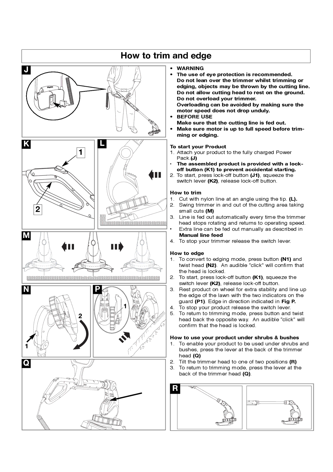 Flymo Sabre Trim manual How to trim and edge, Manual line feed, How to edge, How to use your product under shrubs & bushes 