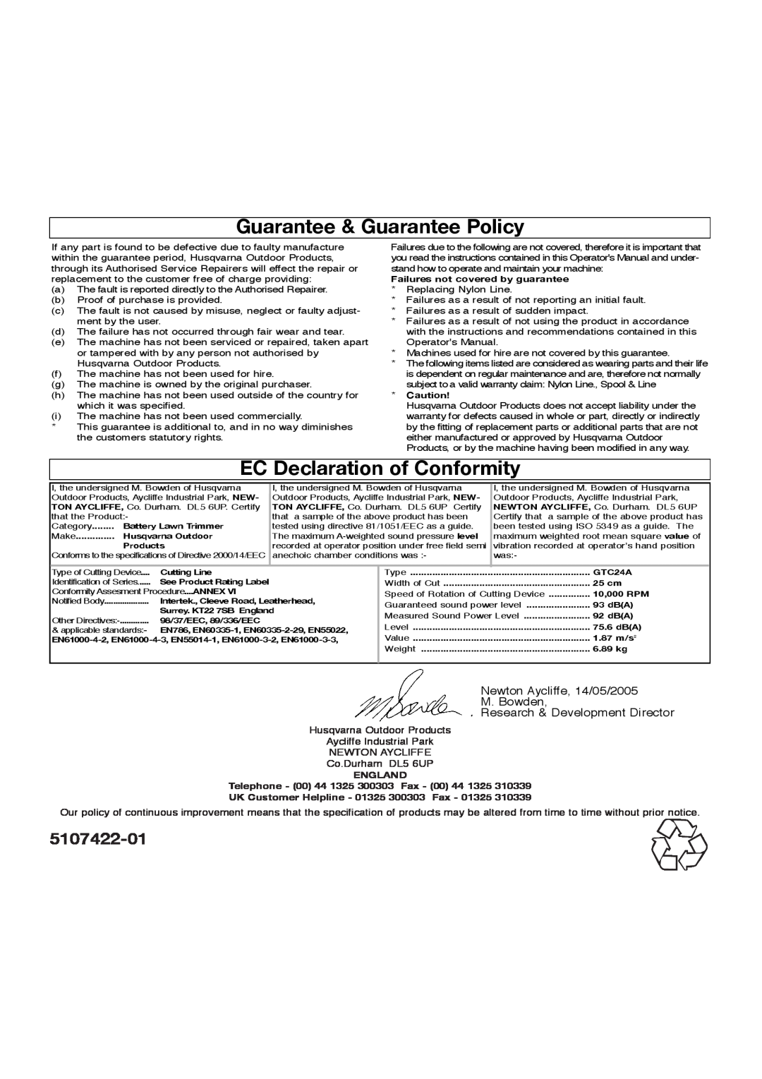 Flymo Sabre Trim manual Guarantee & Guarantee Policy, EC Declaration of Conformity, 5107422-01, Co.Durham DL5 6UP 