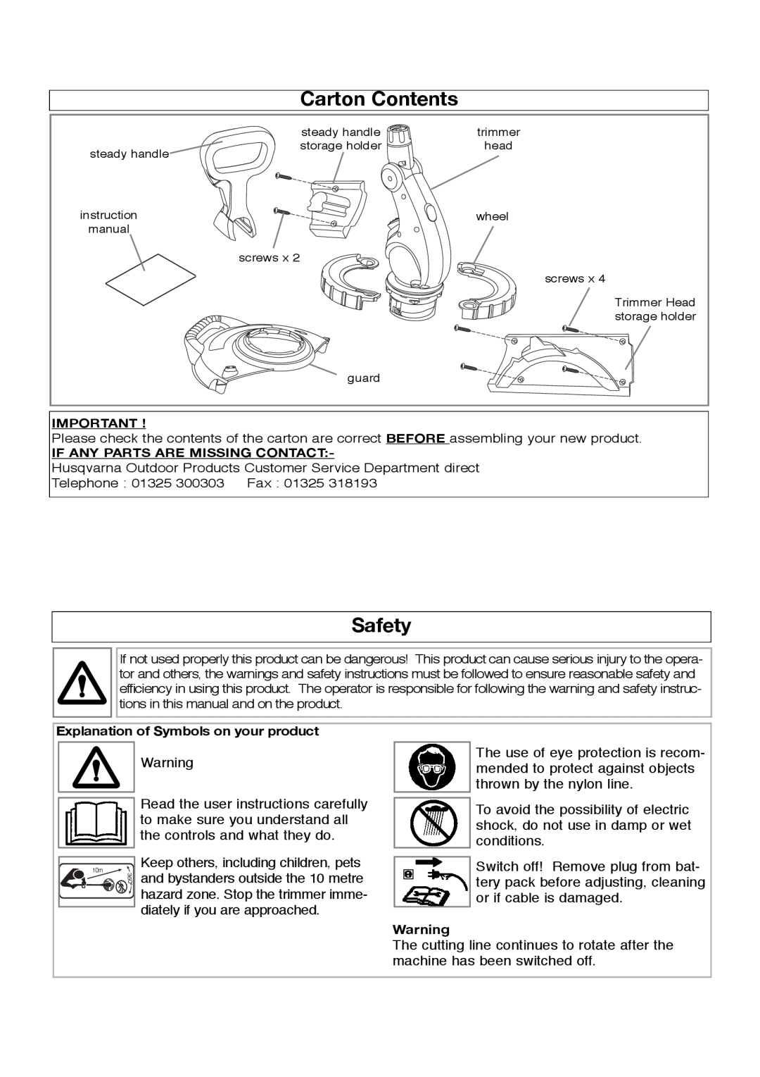 Flymo Sabre Trim manual Carton Contents, Safety, Explanation of Symbols on your product 