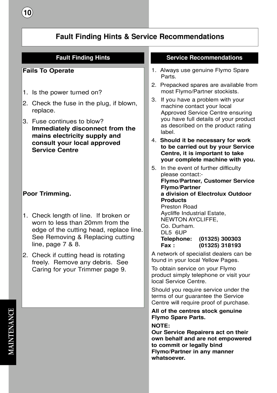 Flymo Trimmer I instruction manual Fault Finding Hints & Service Recommendations, Fails To Operate 