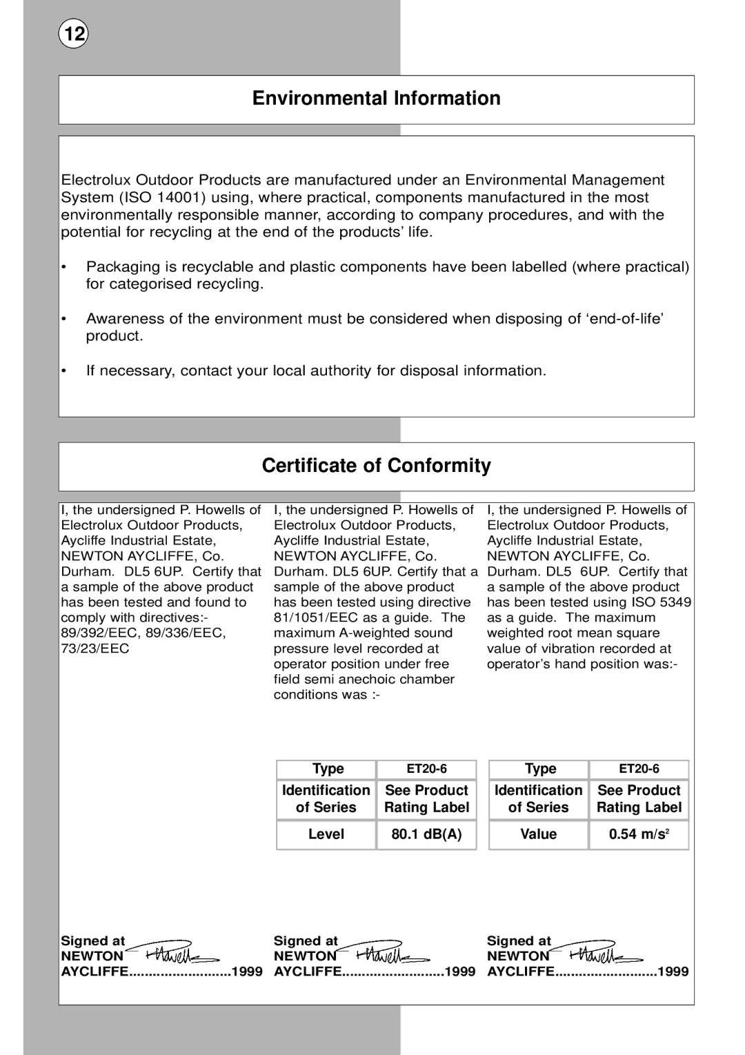 Flymo Trimmer I instruction manual Environmental Information, Certificate of Conformity, Newton Aycliffe, 1999 