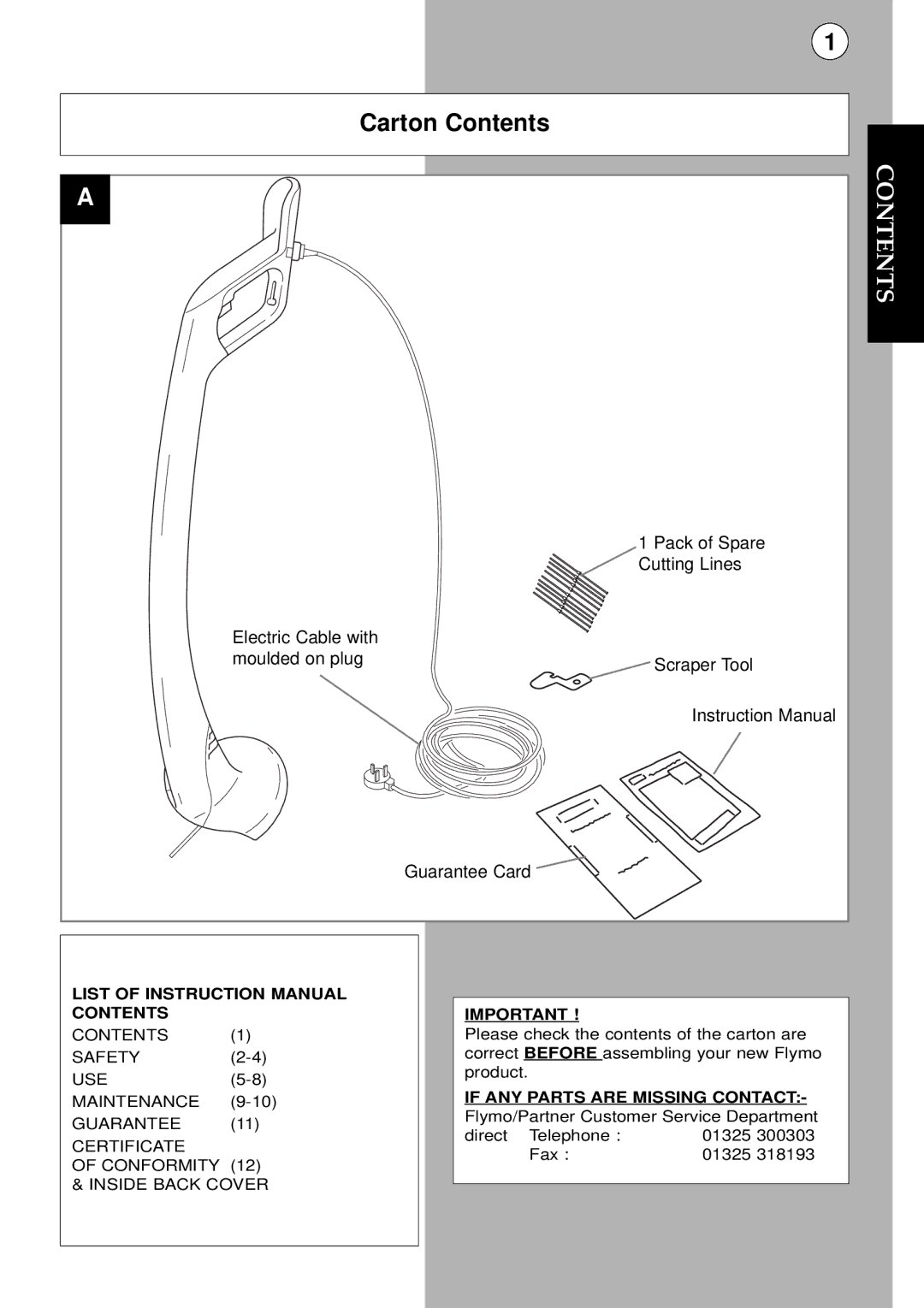 Flymo Trimmer I instruction manual Carton Contents 