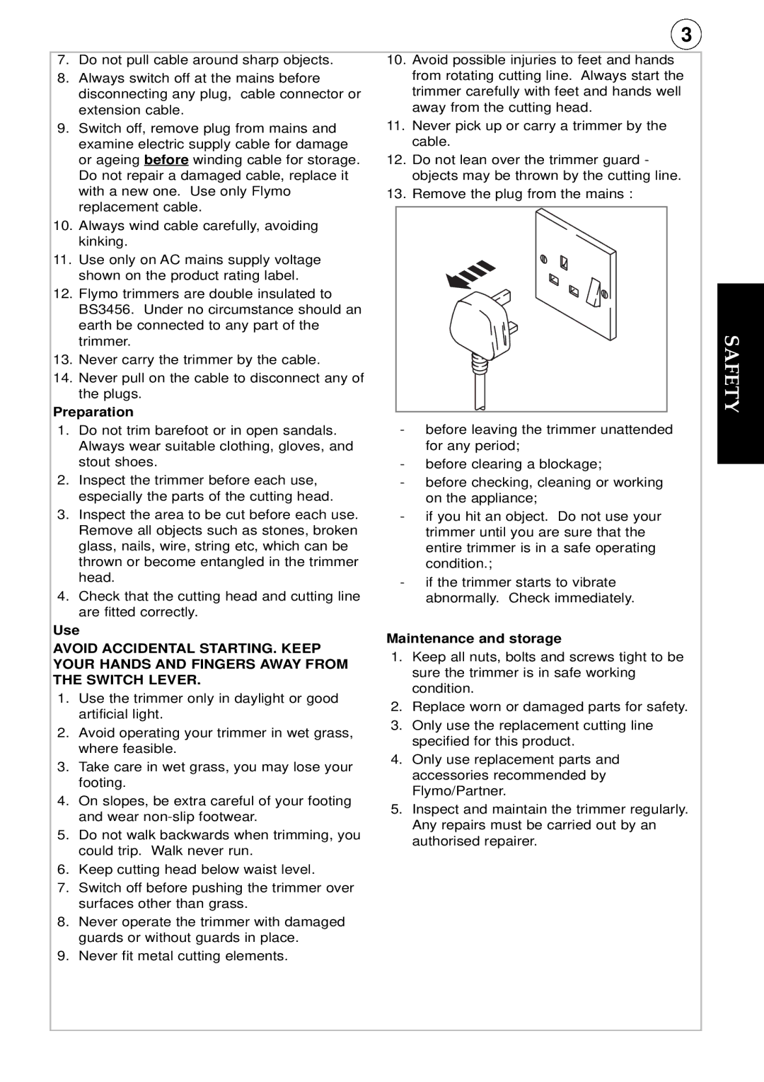 Flymo Trimmer I instruction manual Preparation, Use, Maintenance and storage 