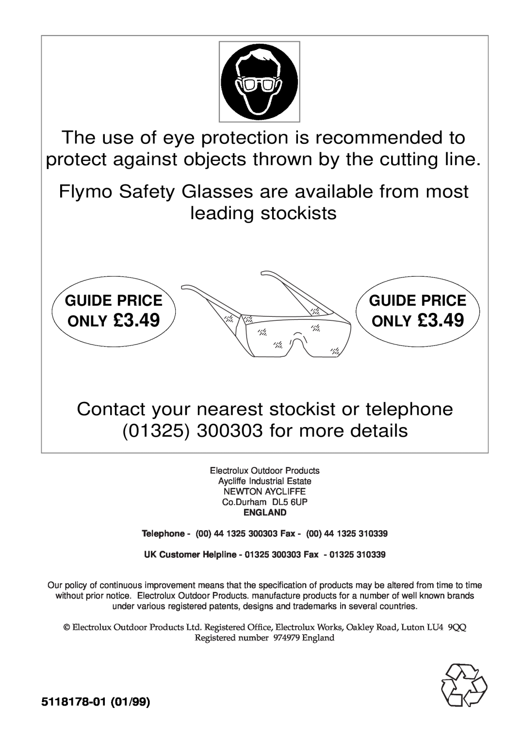 Flymo Trimmer I 5118178-0101/99, Flymo Safety Glasses are available from most, leading stockists, Guide Price, ONLY £3.49 