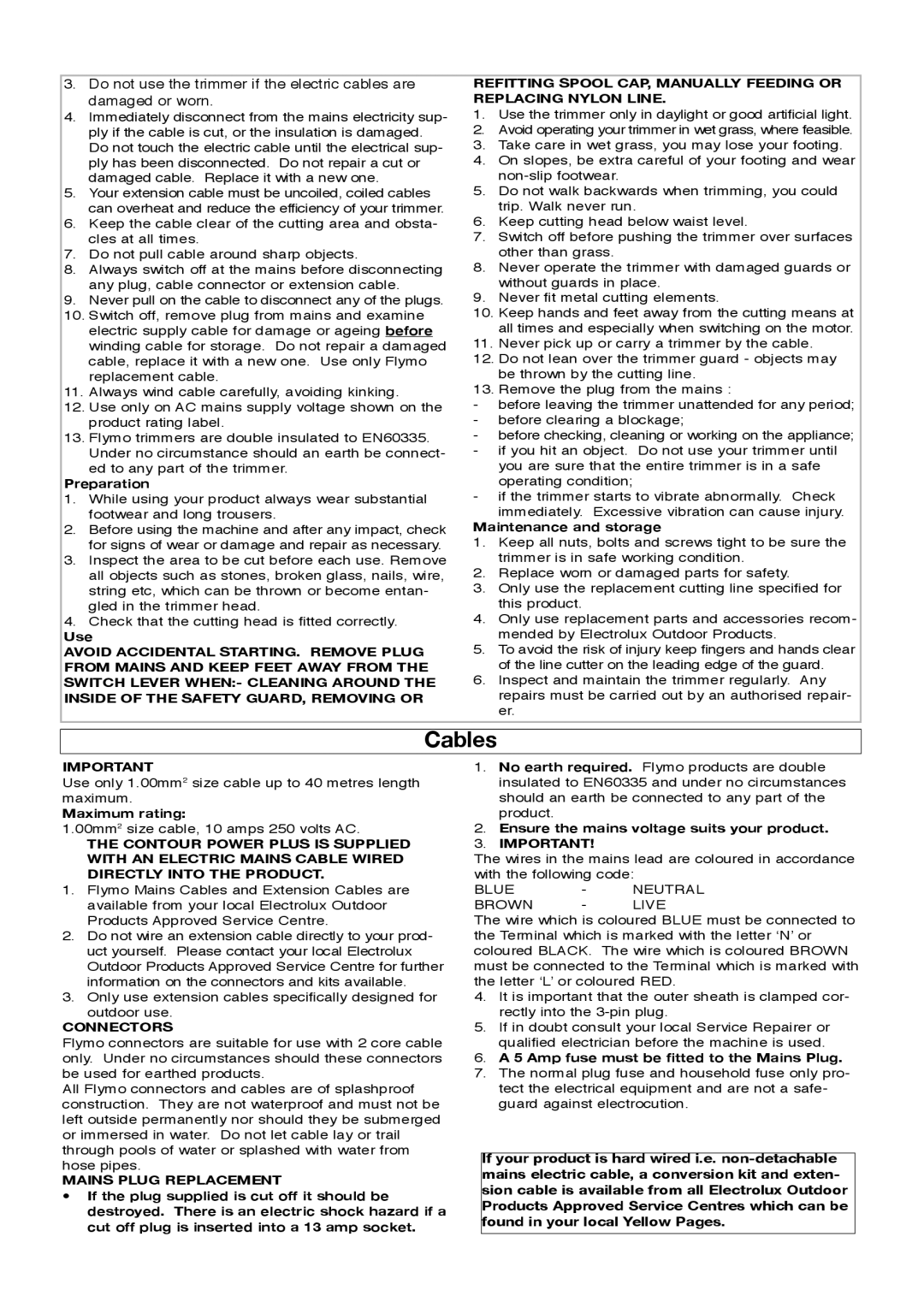 Flymo Trimmers manual Cables, Connectors, Mains Plug Replacement 