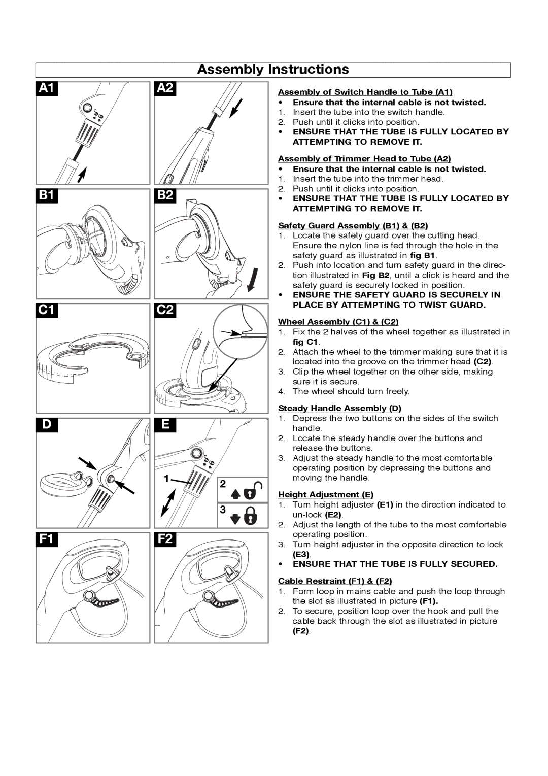 Flymo Trimmers manual Assembly Instructions, Ensure That the Tube is Fully Secured 