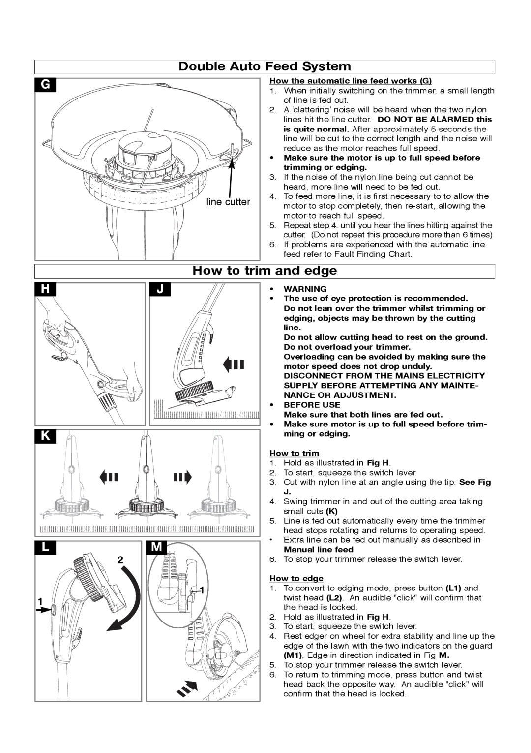 Flymo Trimmers manual Double Auto Feed System, How to trim and edge, How the automatic line feed works G, Manual line feed 