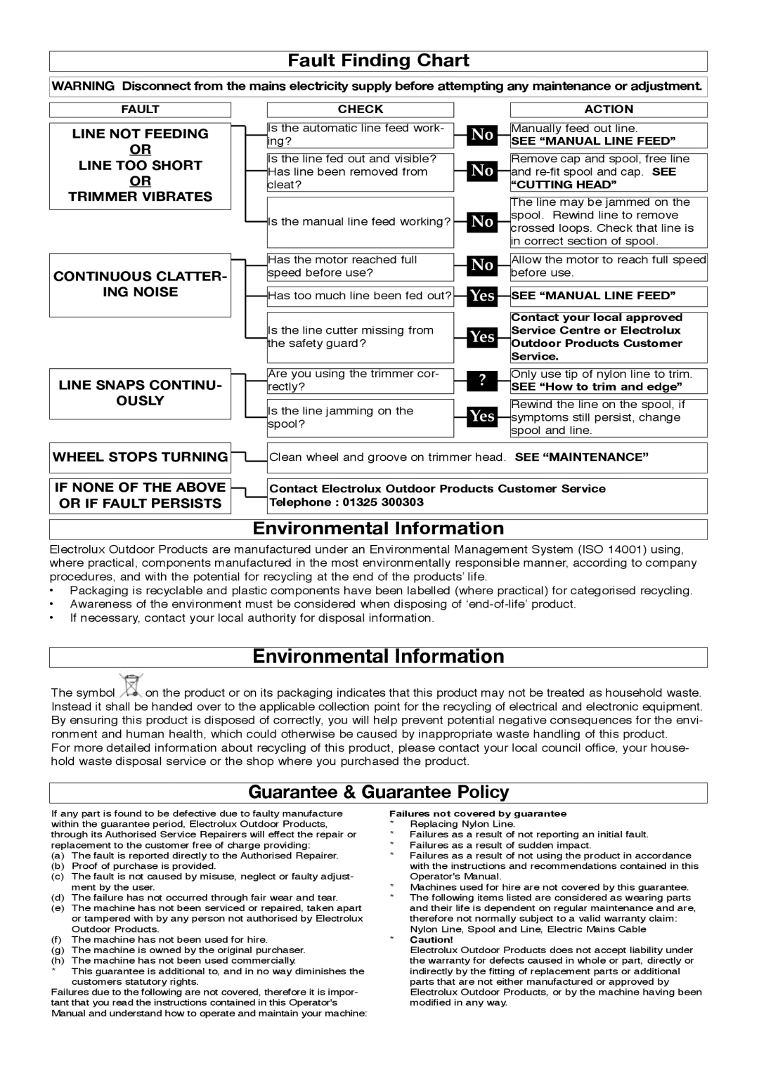 Flymo Trimmers manual Fault Finding Chart, Environmental Information, Guarantee & Guarantee Policy 