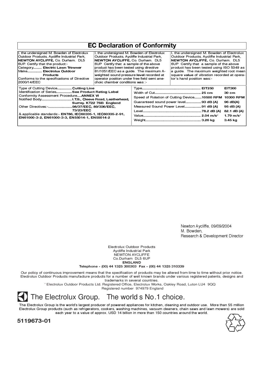 Flymo Trimmers manual EC Declaration of Conformity, Make.............. Electrolux Outdoor Products 