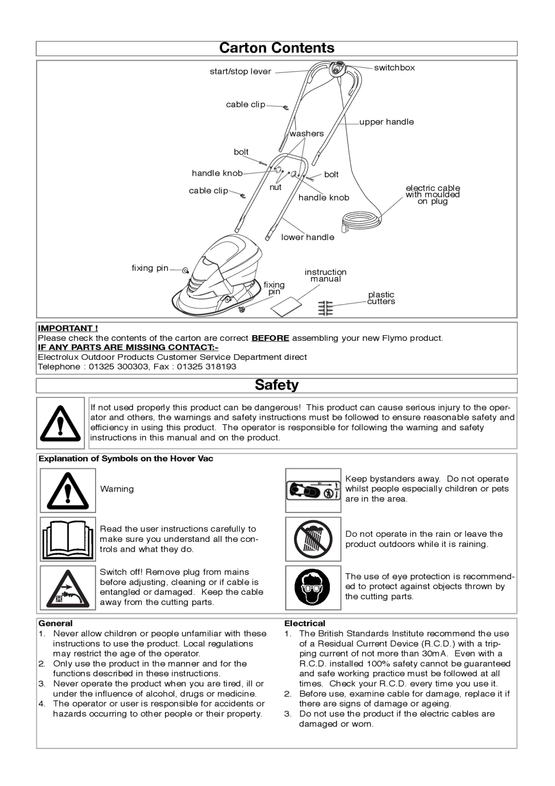 Flymo Trmmer manual Carton Contents, Safety 